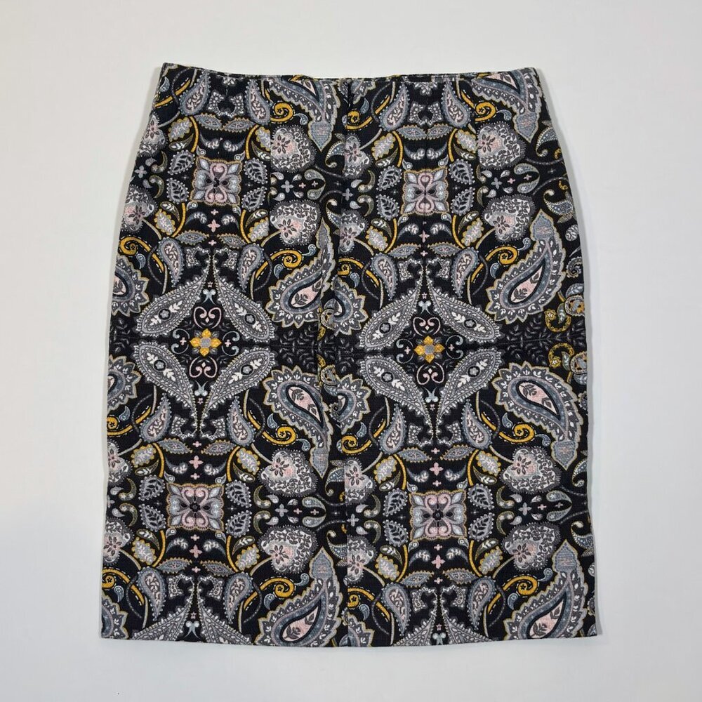 Ann Taylor Loft Black Yellow Paisley Print Cotton Pique Pencil Skirt - 2 Petite - Picture 3 of 7